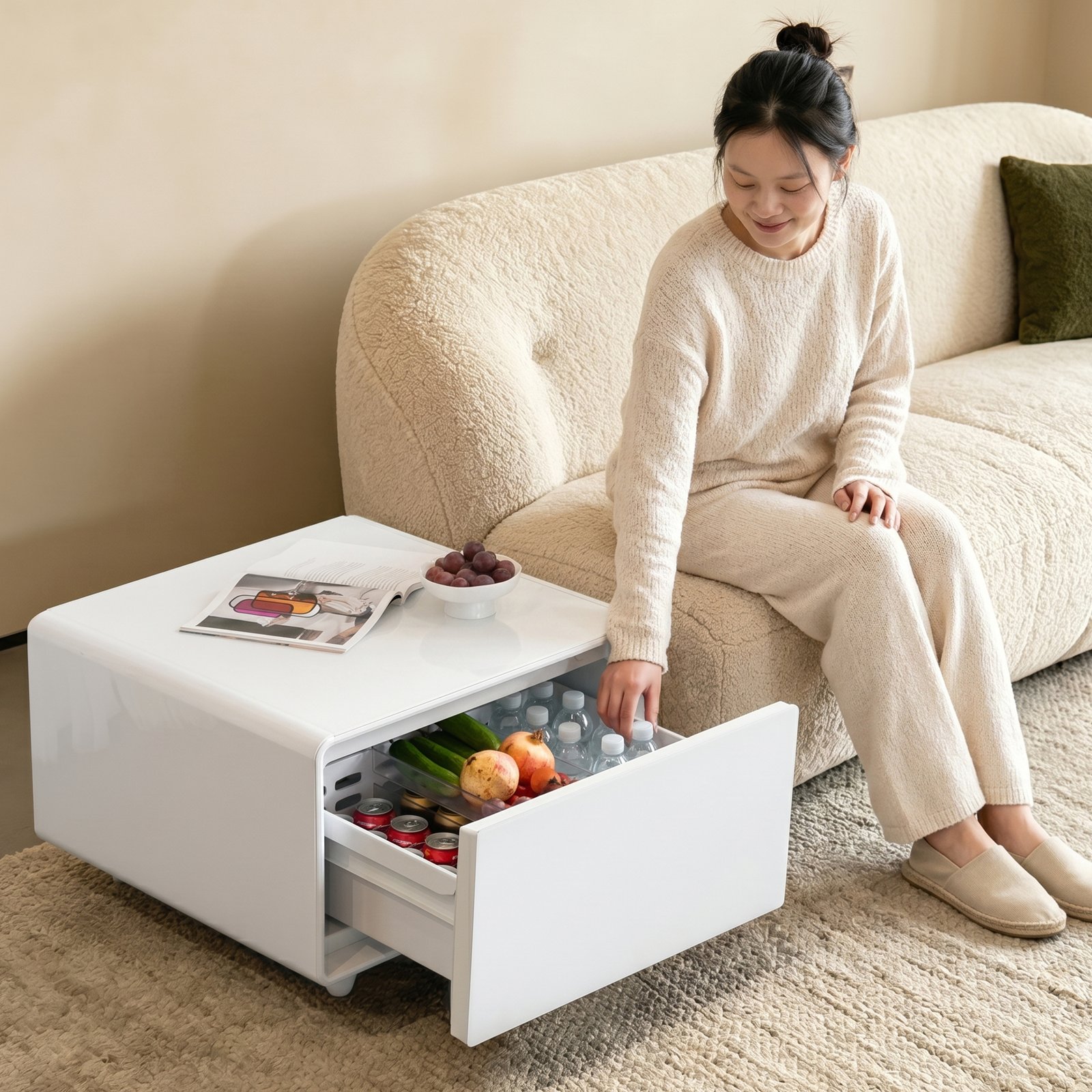Primst White 65L Mini Fridge Coffee Table with Cooling Drawer for Modern Interiors - Image 2