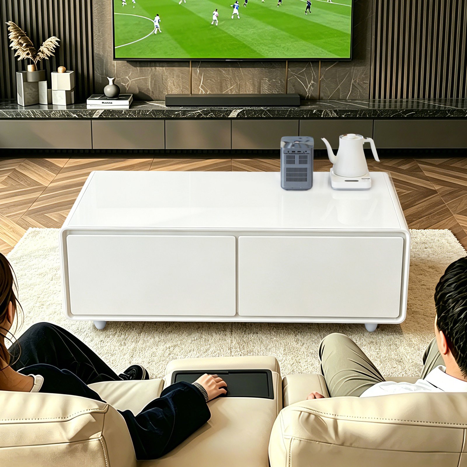 Primst TB135 White Fridge Coffee Table Dual Cooling Drawers with Power Sockets