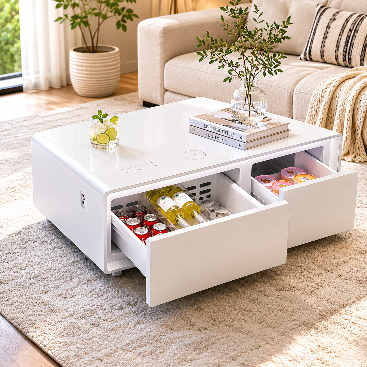 White TB90 Max Smart Coffee Table with Fridge and Freezer, Touch Screen, Speaker, Wireless Charging, LED Light