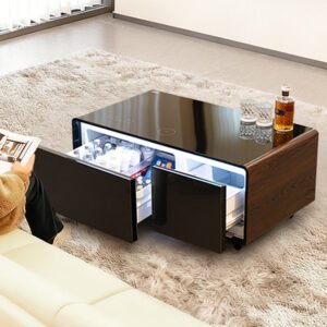 Wooden TB90 Max Coffee Table Cooler with Speaker, Fridge Freezer Touch Screen, Wireless Charging and RGB Lighting