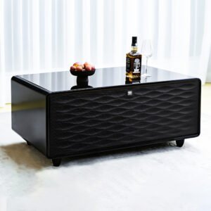 Black TB90 Max Table Fridge Coffee Table with Drawer, 65L Refrigerator, 28L Freezer, USB Charging and Bluetooth Speaker